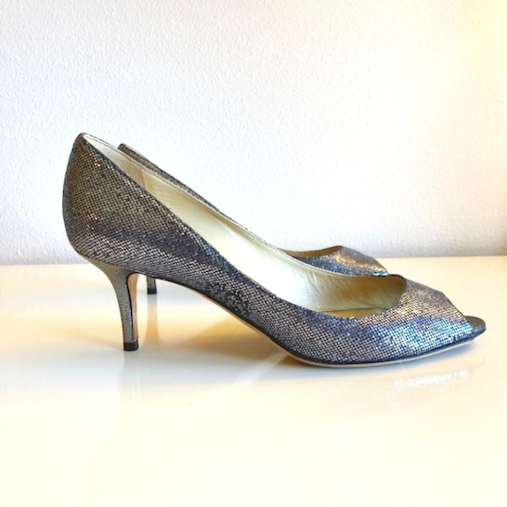 Jimmy Choo Peep Toe Silver/Grey Glitter 60mm Pump